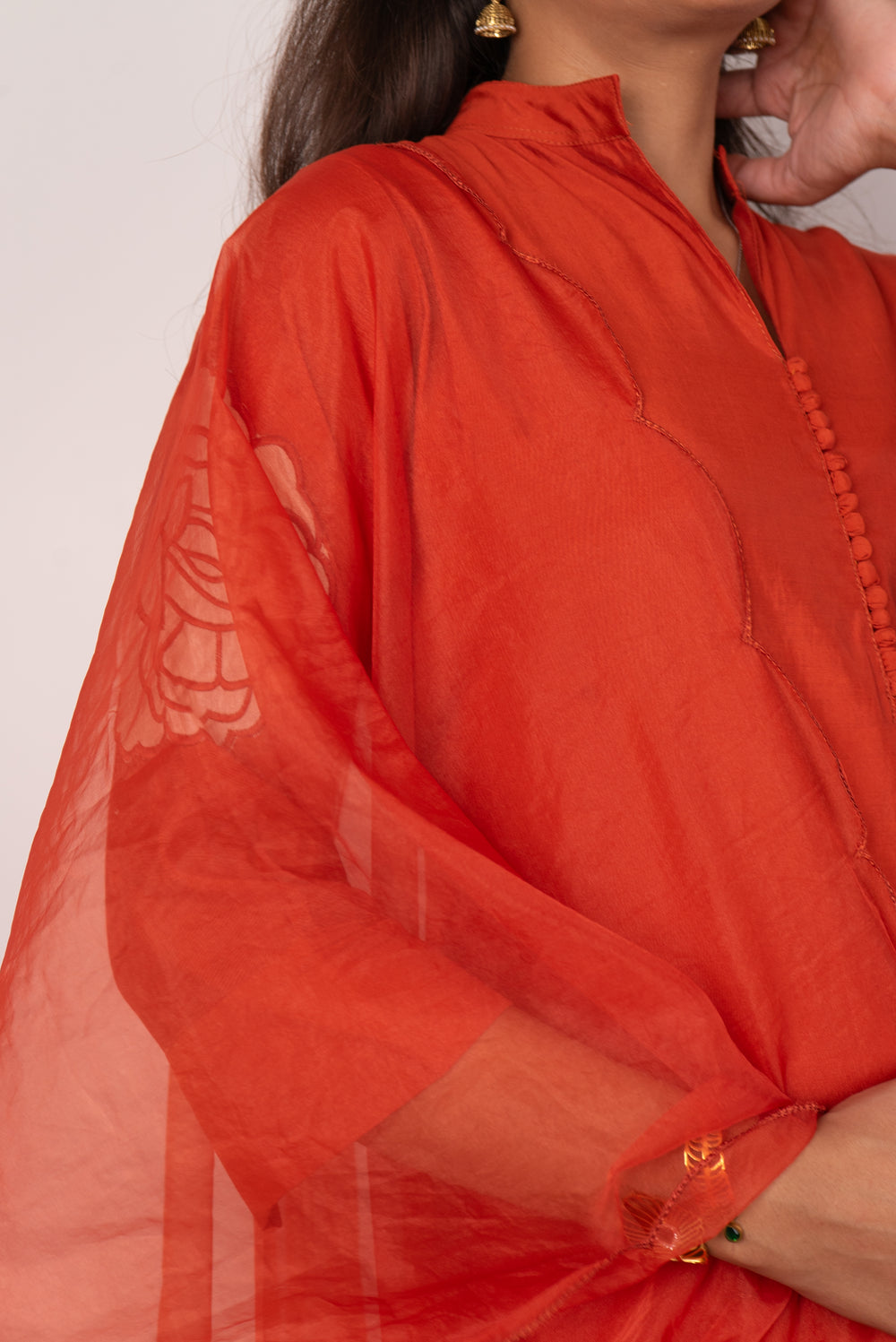 Rust Orange Kurta Set with Rose Appliqué