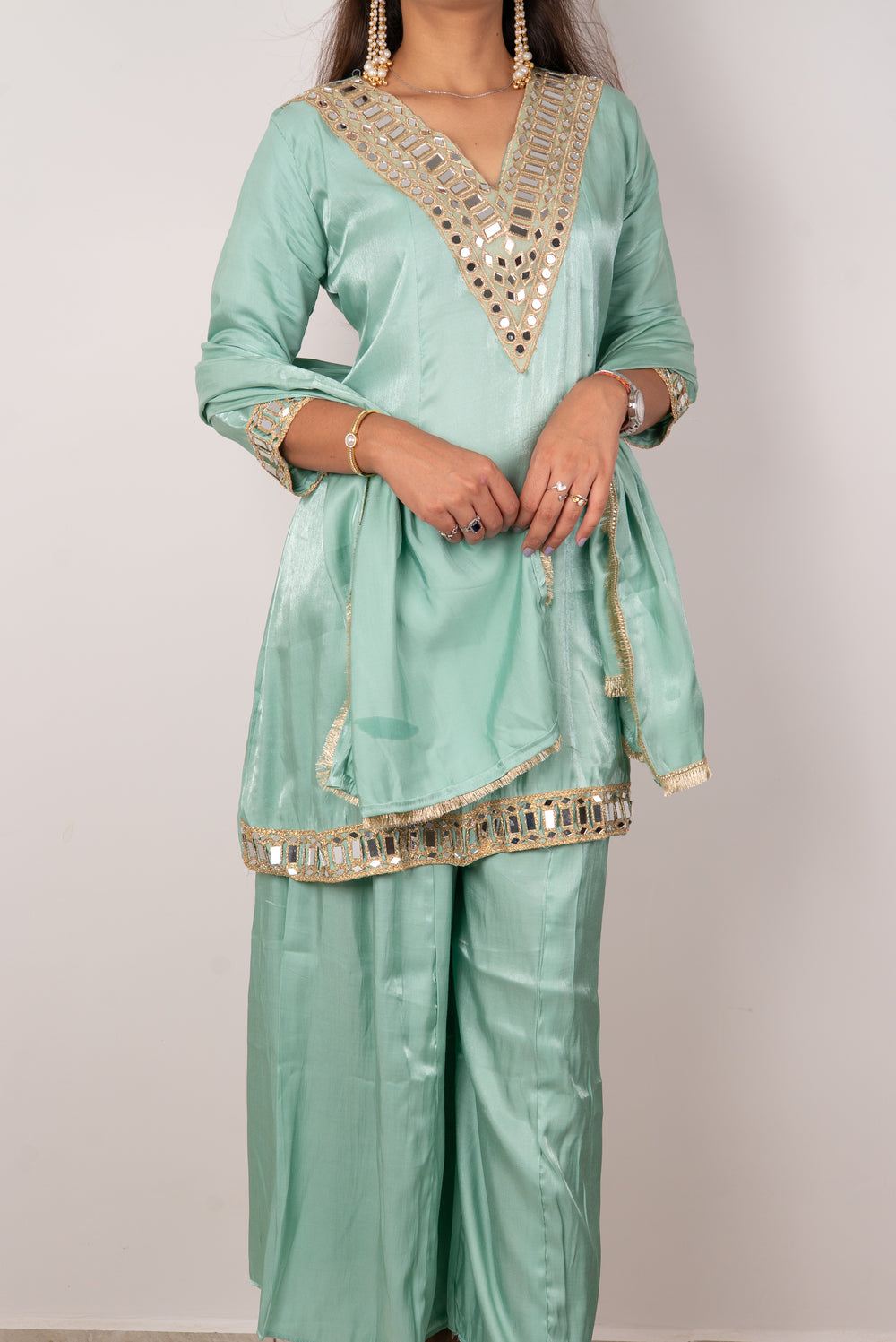 Sea Green Mirror-Work Kurta Set with Dupatta