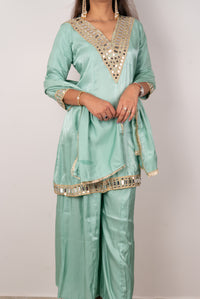 Sea Green Mirror-Work Kurta Set with Dupatta