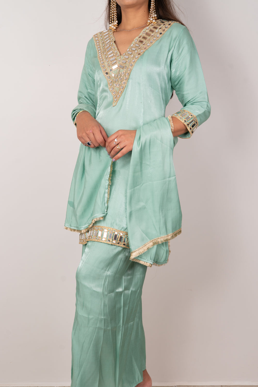Sea Green Mirror-Work Kurta Set with Dupatta