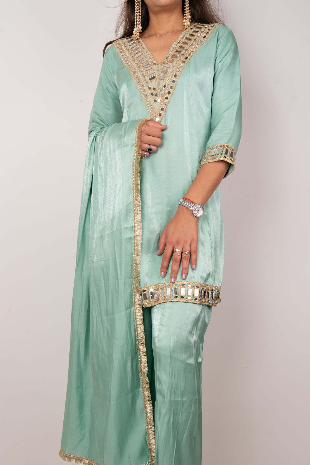 Sea Green Mirror-Work Kurta Set with Dupatta