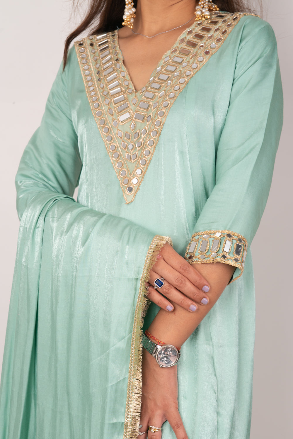 Sea Green Mirror-Work Kurta Set with Dupatta