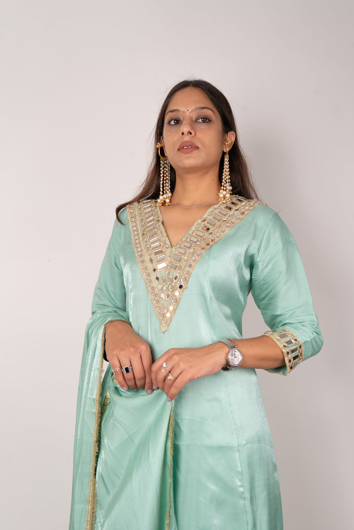 Sea Green Mirror-Work Kurta Set with Dupatta