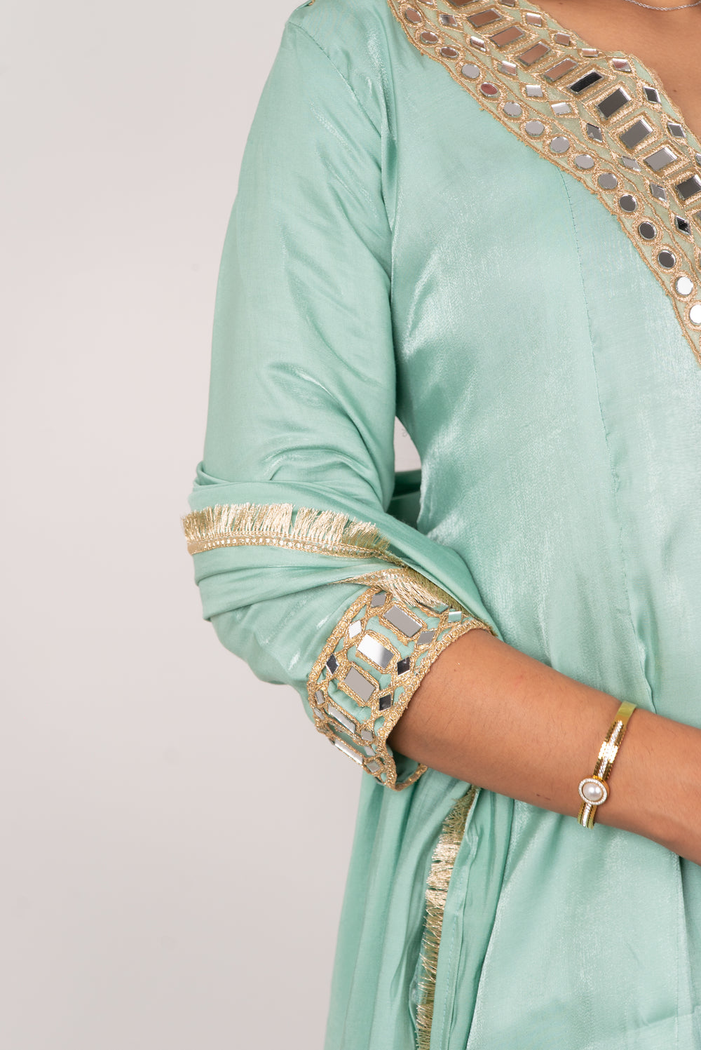 Sea Green Mirror-Work Kurta Set with Dupatta