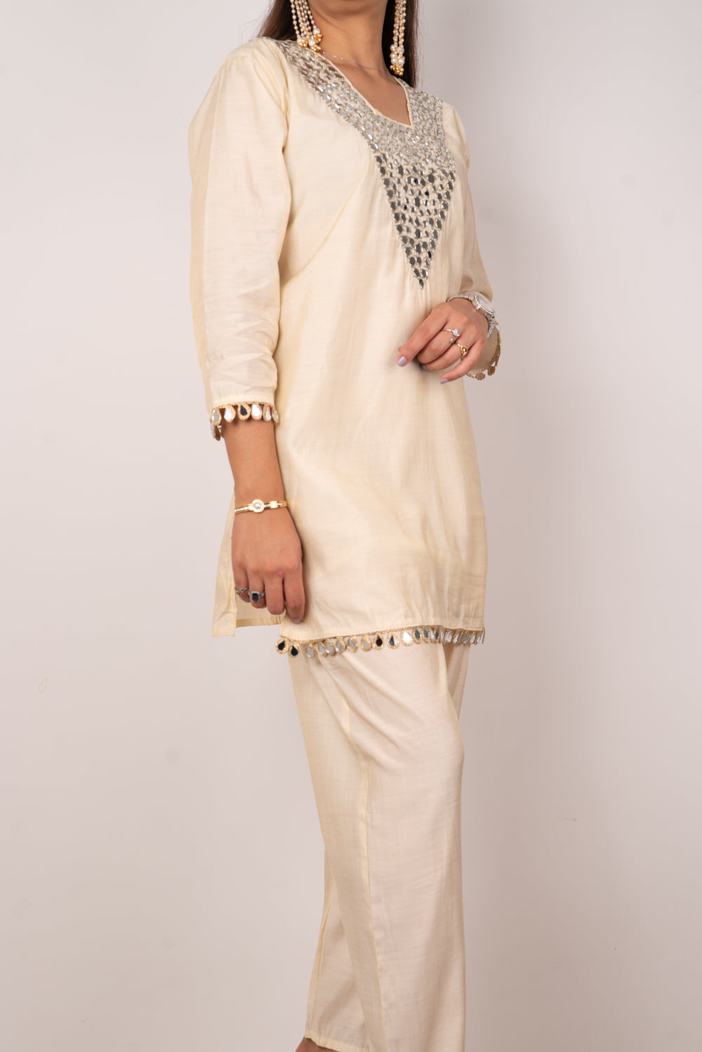 Ivory Mirror-Work Kurta Set with Teardrop Trim