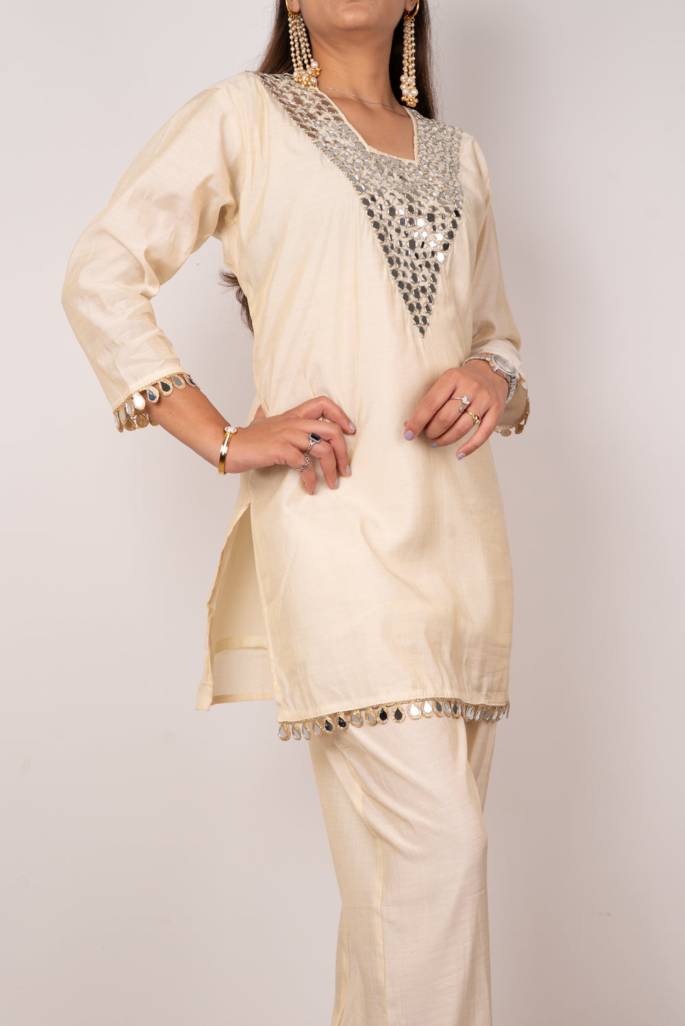 Ivory Mirror-Work Kurta Set with Teardrop Trim