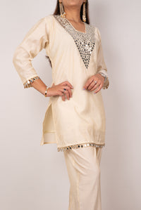 Ivory Mirror-Work Kurta Set with Teardrop Trim