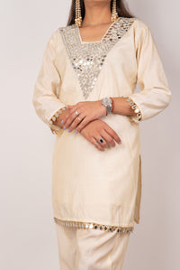 Ivory Mirror-Work Kurta Set with Teardrop Trim