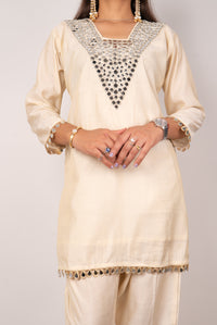 Ivory Mirror-Work Kurta Set with Teardrop Trim