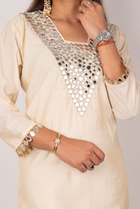Ivory Mirror-Work Kurta Set with Teardrop Trim