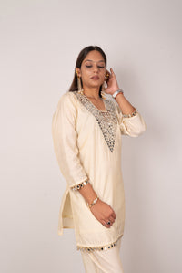 Ivory Mirror-Work Kurta Set with Teardrop Trim