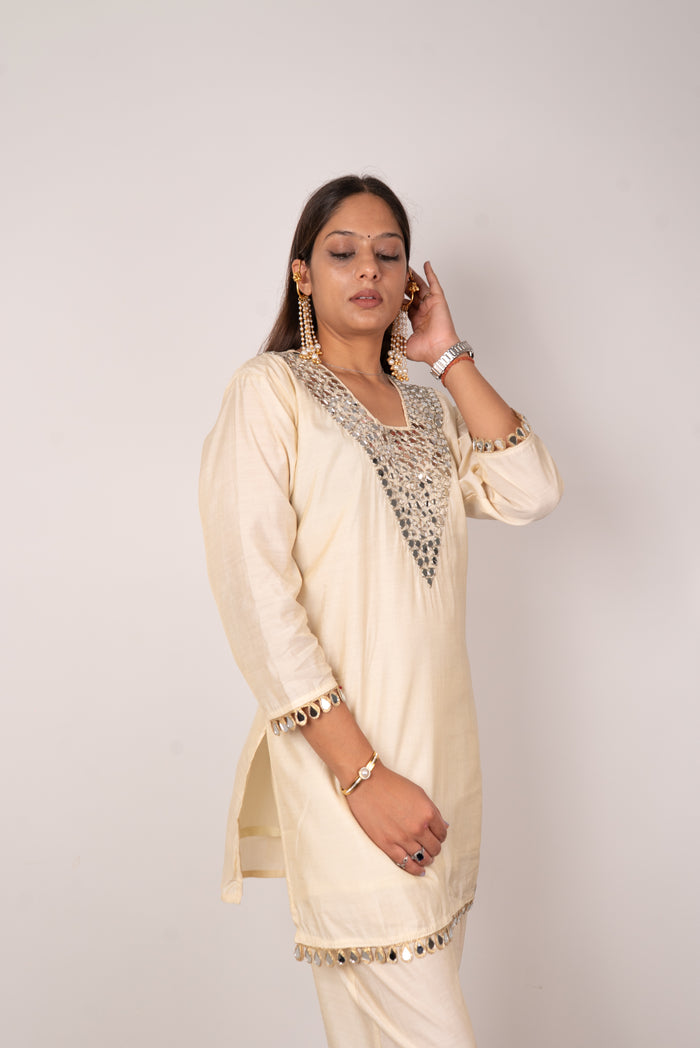 Ivory Mirror-Work Kurta Set with Teardrop Trim