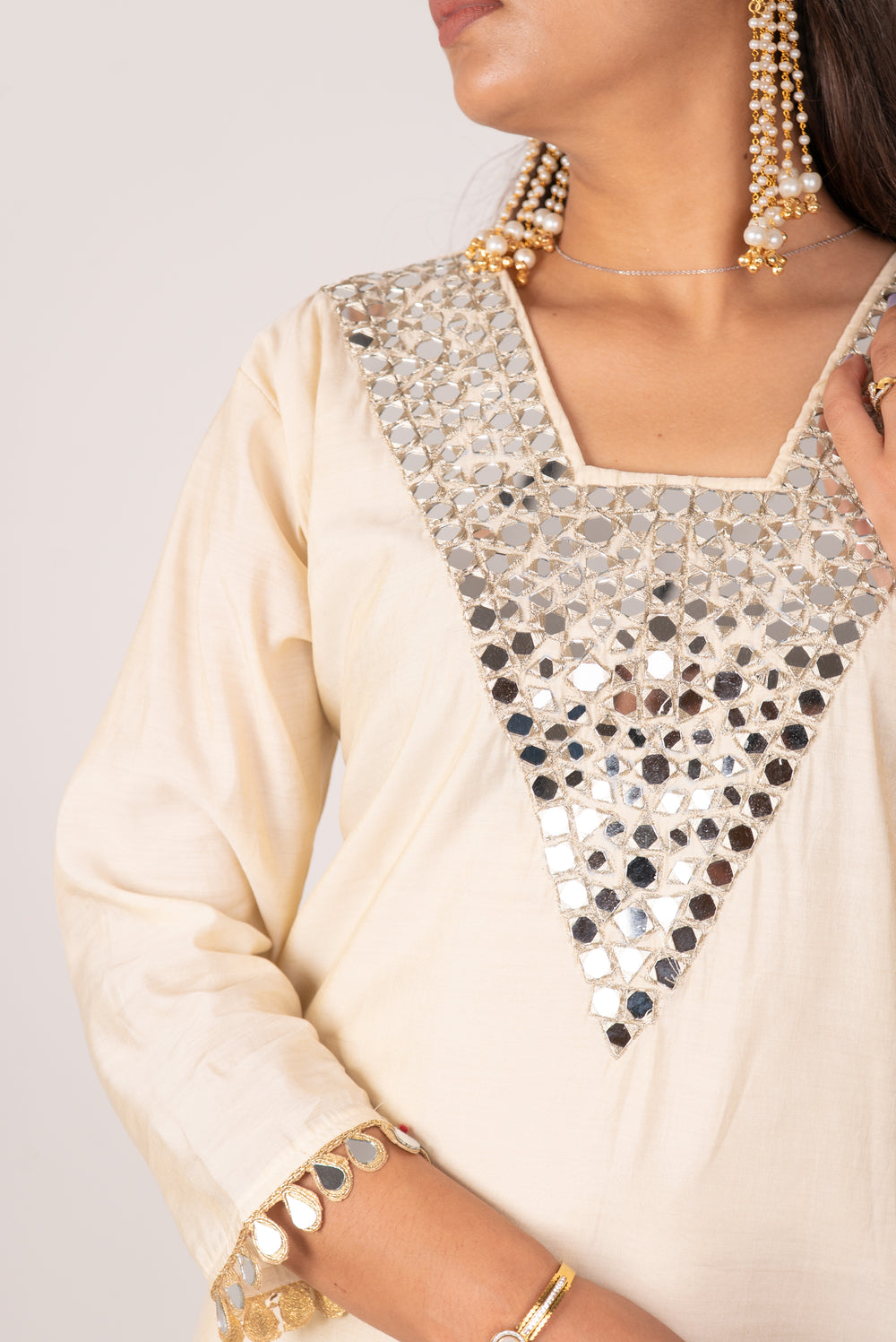 Ivory Mirror-Work Kurta Set with Teardrop Trim