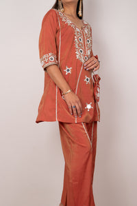 Rust Mirror-Work Kurta Set with Potli Bag