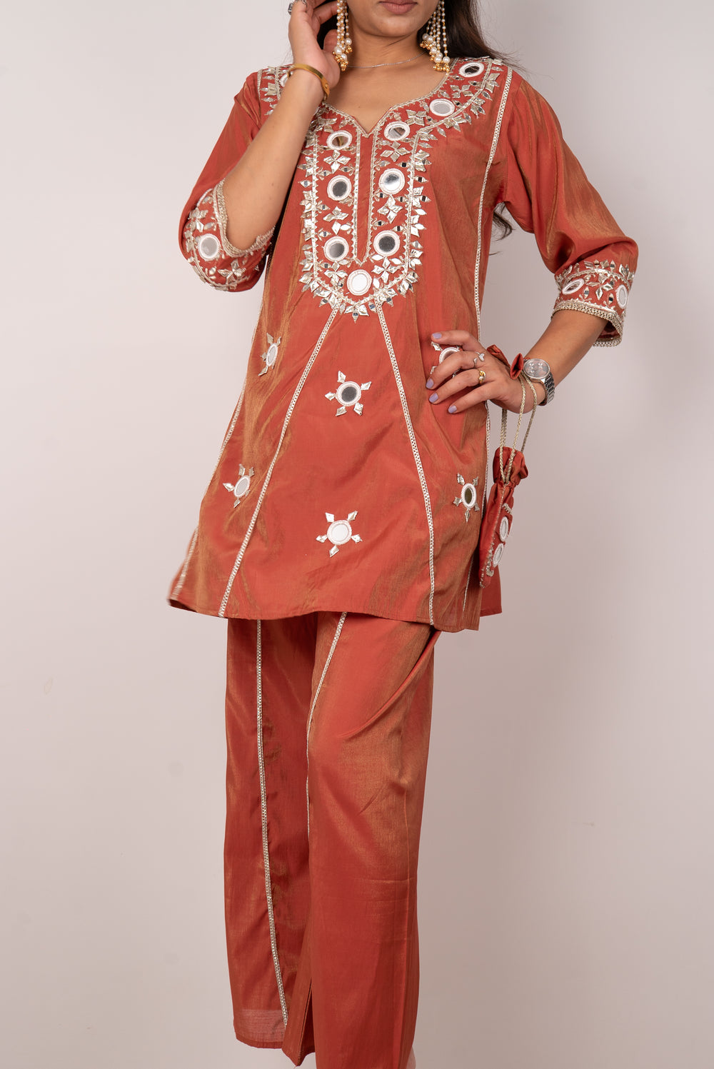 Rust Mirror-Work Kurta Set with Potli Bag