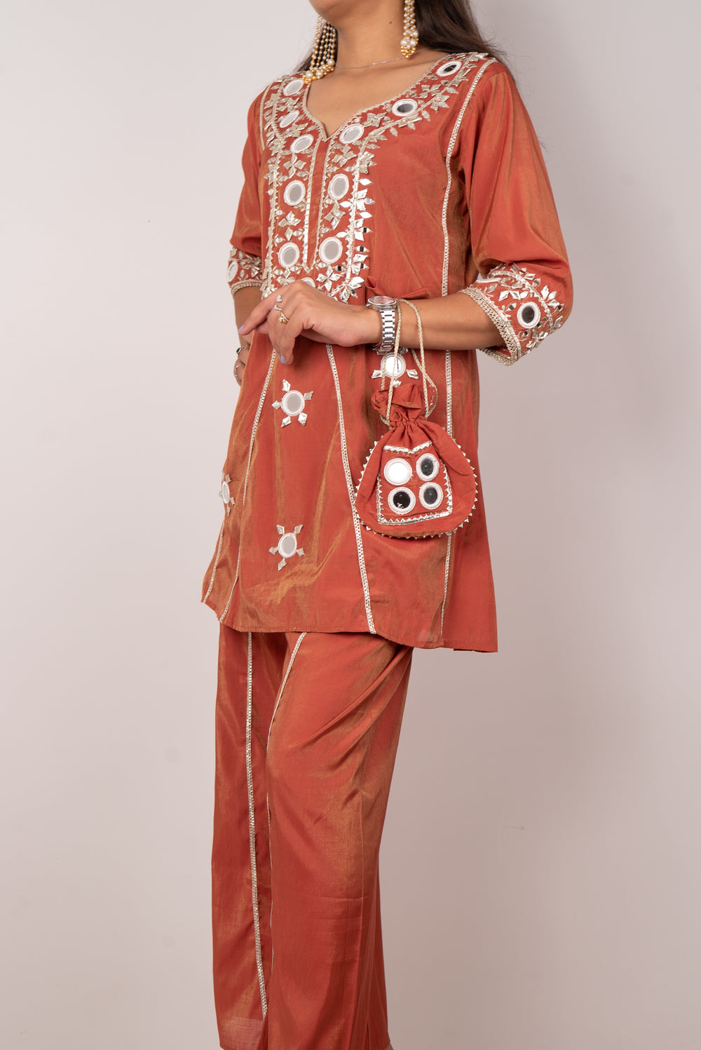 Rust Mirror-Work Kurta Set with Potli Bag