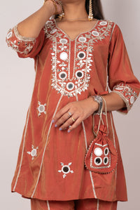 Rust Mirror-Work Kurta Set with Potli Bag