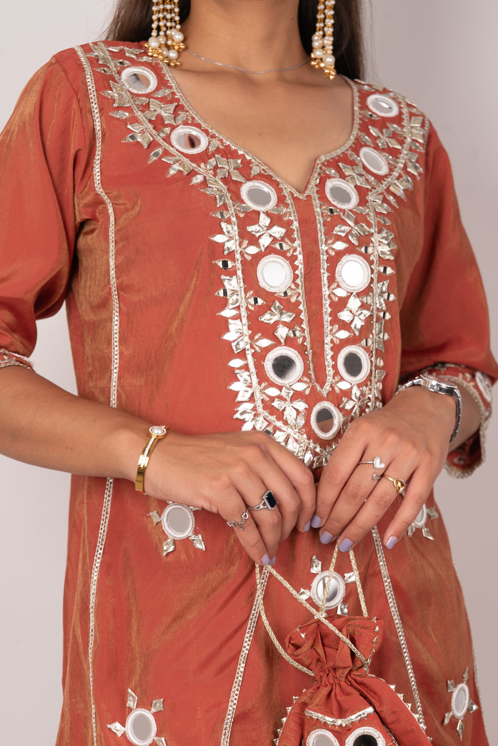 Rust Mirror-Work Kurta Set with Potli Bag