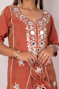 Rust Mirror-Work Kurta Set with Potli Bag