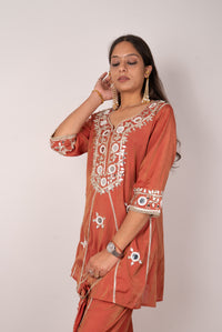 Rust Mirror-Work Kurta Set with Potli Bag