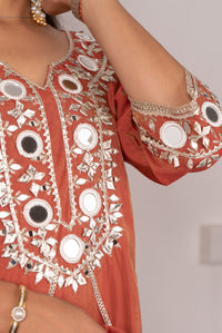 Rust Mirror-Work Kurta Set with Potli Bag