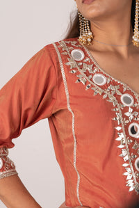 Rust Mirror-Work Kurta Set with Potli Bag