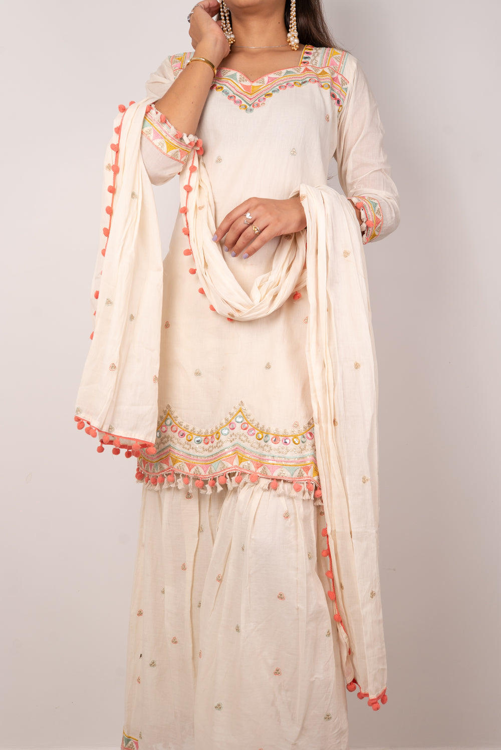 Ivory Kutch-Embroidered Gharara Set with Pom-Pom Dupatta