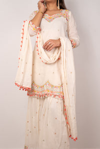 Ivory Kutch-Embroidered Gharara Set with Pom-Pom Dupatta
