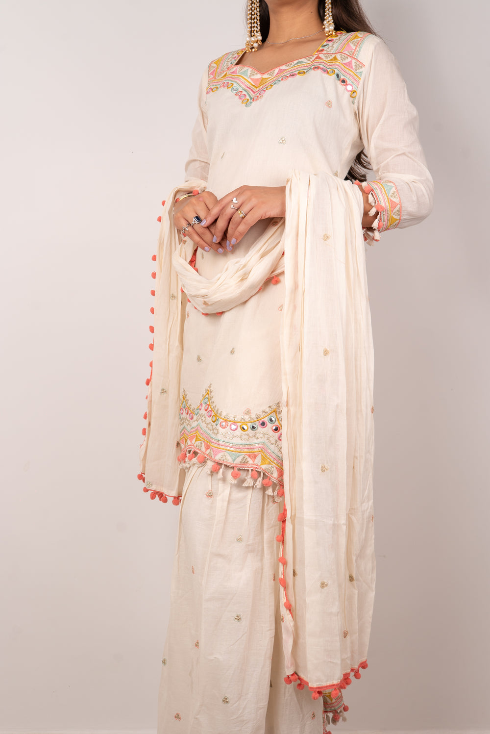 Ivory Kutch-Embroidered Gharara Set with Pom-Pom Dupatta
