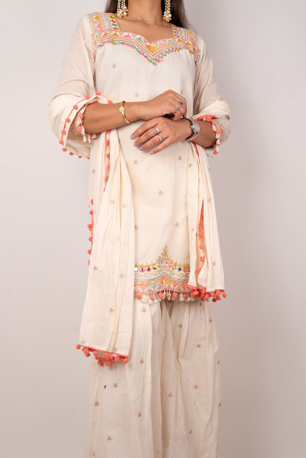 Ivory Kutch-Embroidered Gharara Set with Pom-Pom Dupatta