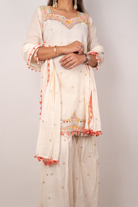 Ivory Kutch-Embroidered Gharara Set with Pom-Pom Dupatta