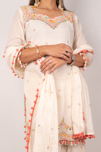 Ivory Kutch-Embroidered Gharara Set with Pom-Pom Dupatta