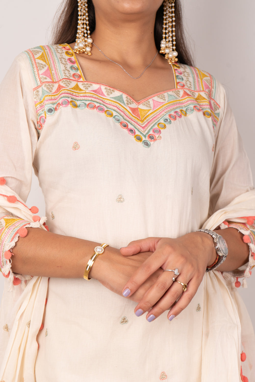 Ivory Kutch-Embroidered Gharara Set with Pom-Pom Dupatta