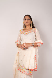 Ivory Kutch-Embroidered Gharara Set with Pom-Pom Dupatta