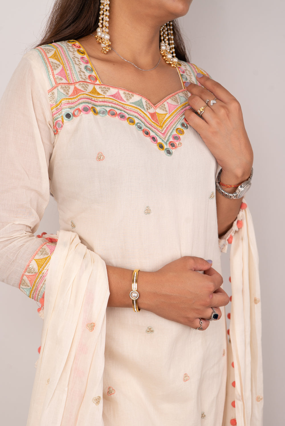 Ivory Kutch-Embroidered Gharara Set with Pom-Pom Dupatta