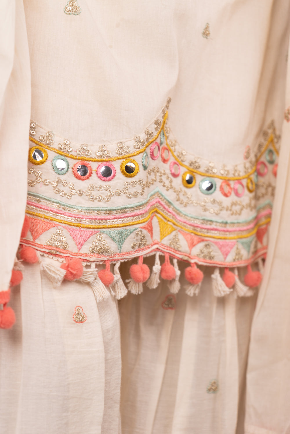 Ivory Kutch-Embroidered Gharara Set with Pom-Pom Dupatta
