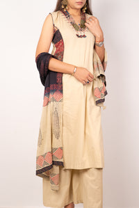 Beige Ajrakh-Panel Kurta Set with Bandhani Dupatta