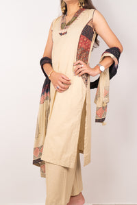 Beige Ajrakh-Panel Kurta Set with Bandhani Dupatta