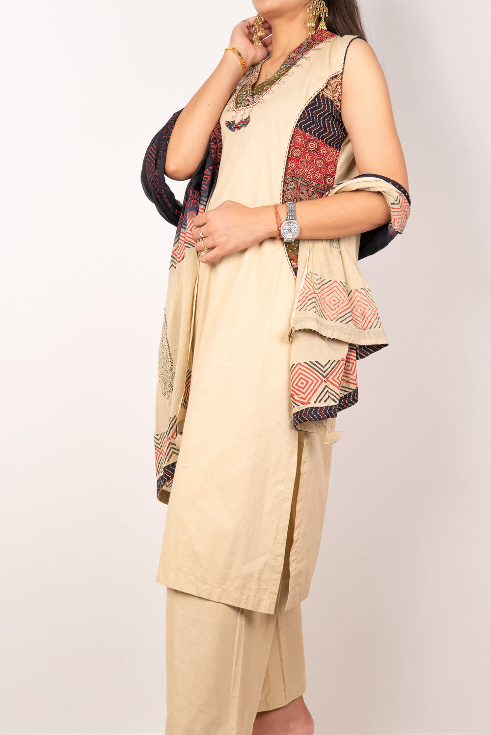 Beige Ajrakh-Panel Kurta Set with Bandhani Dupatta