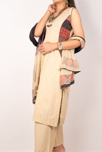 Beige Ajrakh-Panel Kurta Set with Bandhani Dupatta