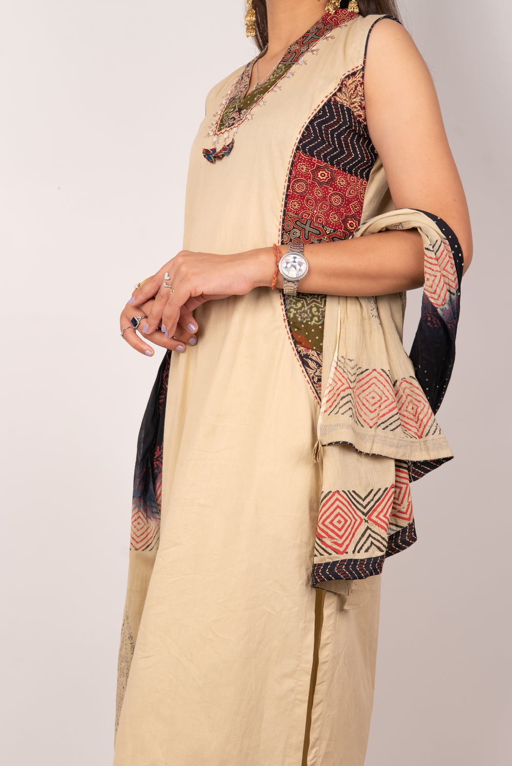 Beige Ajrakh-Panel Kurta Set with Bandhani Dupatta