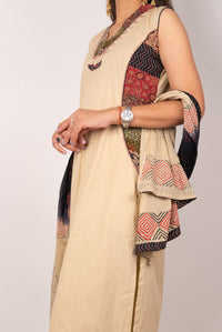 Beige Ajrakh-Panel Kurta Set with Bandhani Dupatta