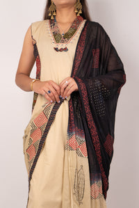 Beige Ajrakh-Panel Kurta Set with Bandhani Dupatta