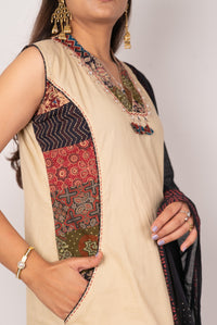 Beige Ajrakh-Panel Kurta Set with Bandhani Dupatta
