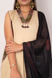 Beige Ajrakh-Panel Kurta Set with Bandhani Dupatta