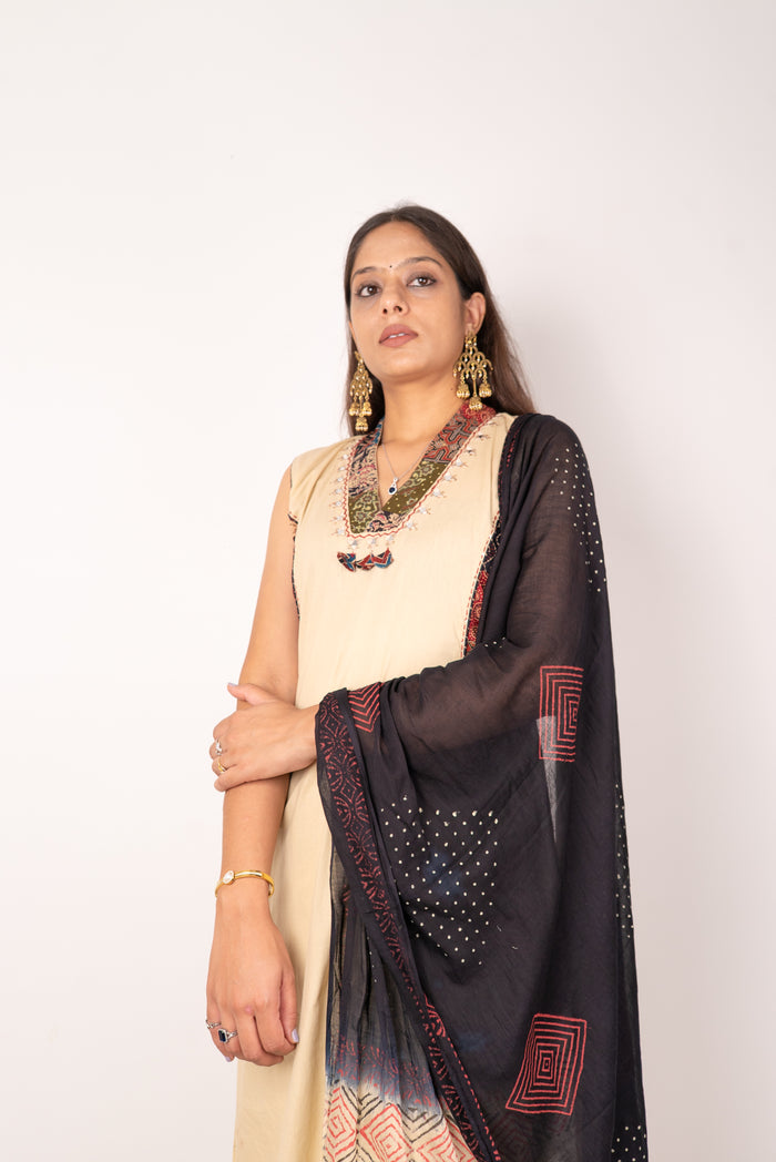 Beige Ajrakh-Panel Kurta Set with Bandhani Dupatta