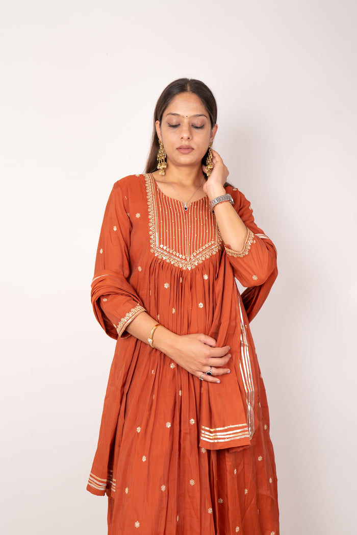 Rust Gota-Embroidered Anarkali Kurta Set