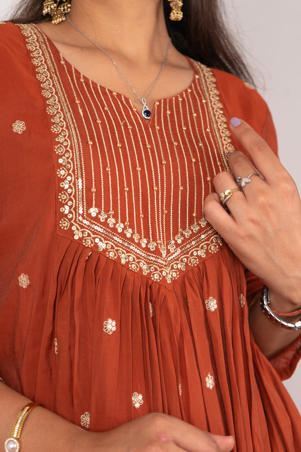 Rust Gota-Embroidered Anarkali Kurta Set