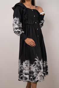 Black Scenic Print Off-Shoulder Midi Dress