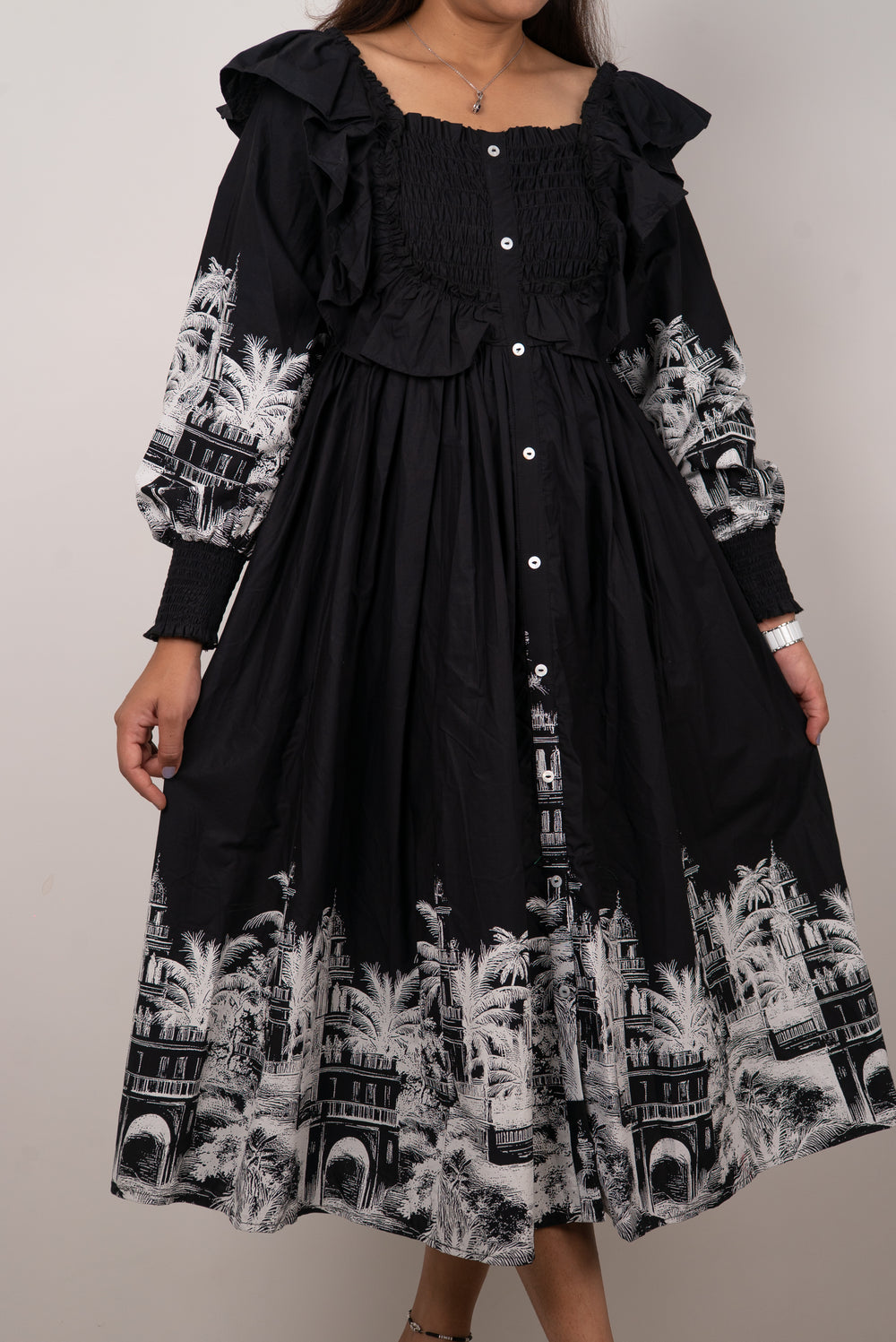 Black Scenic Print Off-Shoulder Midi Dress